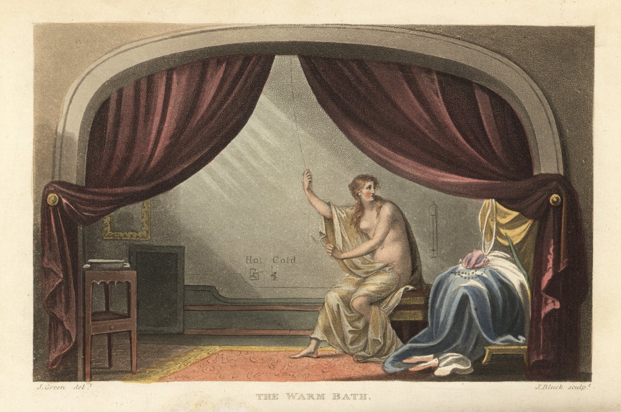 The Warm Bath: nøgen kvinde, der tager et bad bag gardiner i et Regency-værelse. Siges at være et portræt af Mary Robinson, elskerinde til kong George IV. Håndfarvet kobberstik af Thomas Rowlandson, akvatint af J. Bluck, efter en skitse af J. Green fra P af Thomas Rowlandson