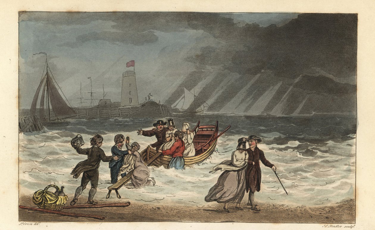 Vandfesten: turister opgiver en sørejse på grund af dårligt vejr. Håndfarvet kobberstik af Thomas Rowlandson, akvatint af J.C. Stadler, efter en skitse af J. Green fra Poetical Sketches of Scarborough, Ackermann, London af Thomas Rowlandson