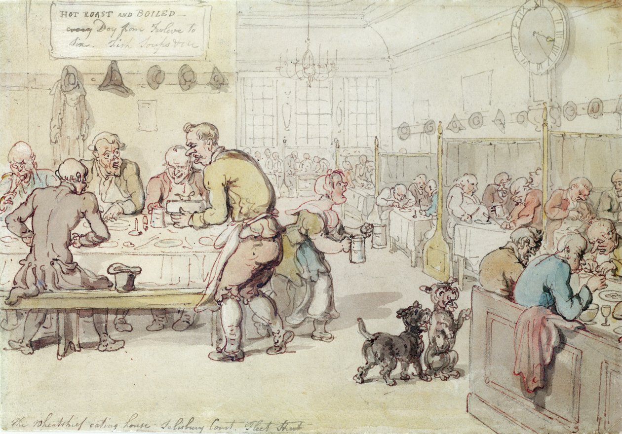 The Wheatsheaf Eating House, Salisbury Court, Fleet Street (blæk og wc på papir) af Thomas Rowlandson
