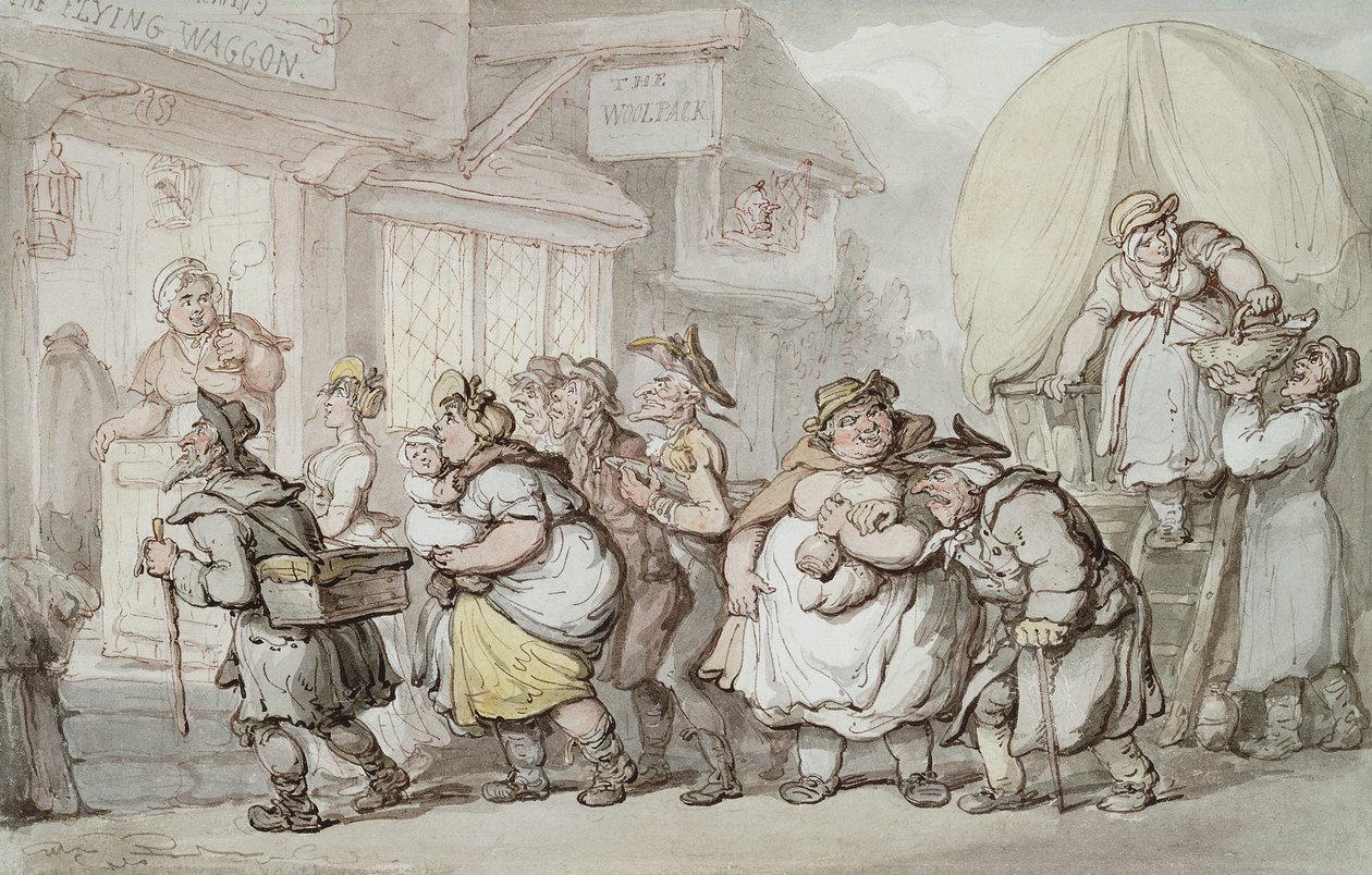 The Woolpack Inn: Ankomst af "The Flying Waggon", af Thomas Rowlandson