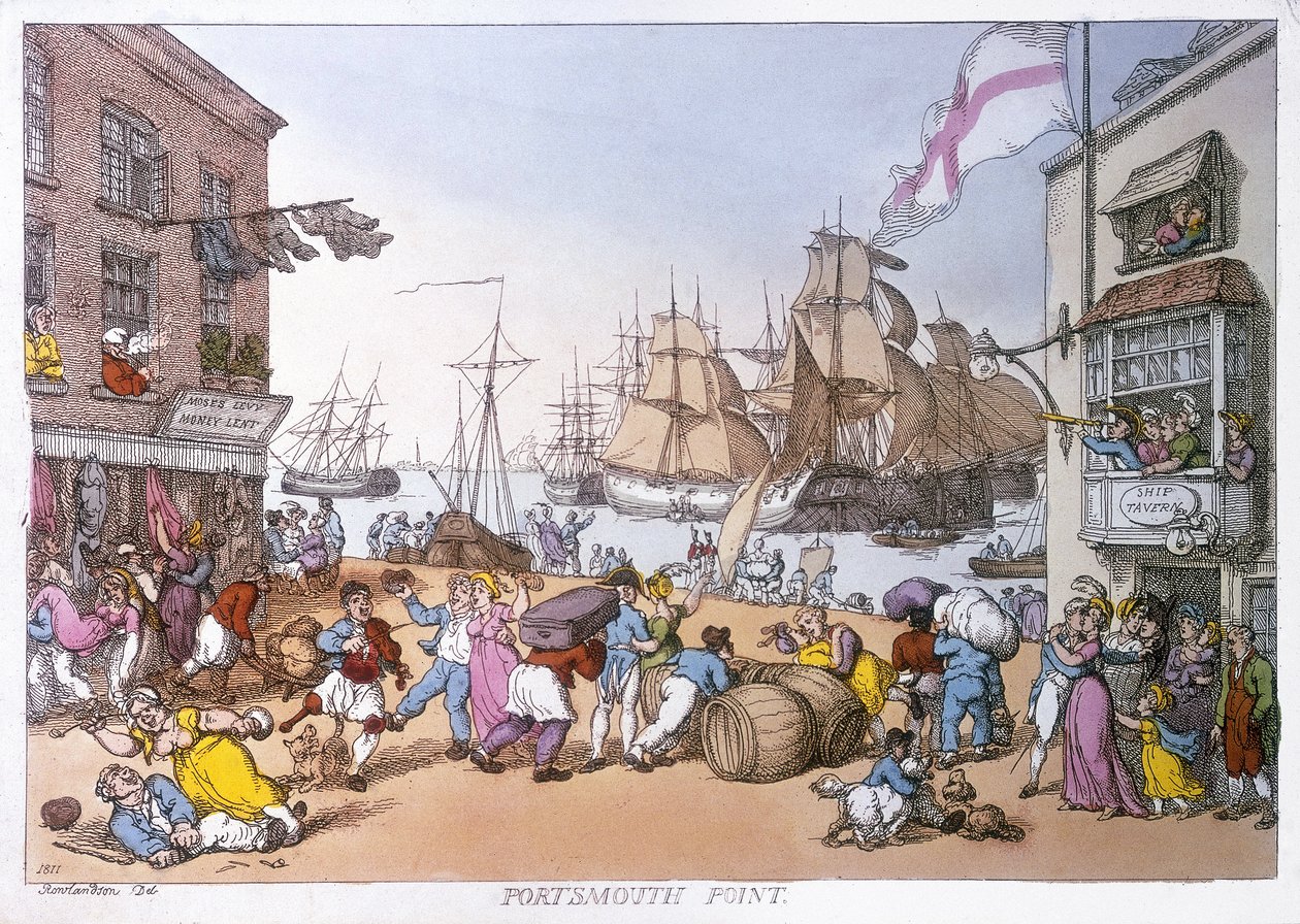 Distriktet Portsmouth, tegneserie, der beskriver aktiviteterne i denne engelske havn af Thomas Rowlandson