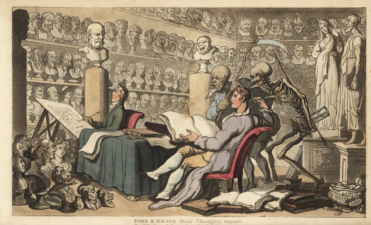 Figurerne af Tid med le og Døden med sit spyd og timeglas står bag en kunstner med en fjerpentegning i et atelier fyldt med klassiske buster og skulpturer. Håndfarvet kobberplade tegnet og graveret af Thomas Rowlandson fra The Eng af Thomas Rowlandson