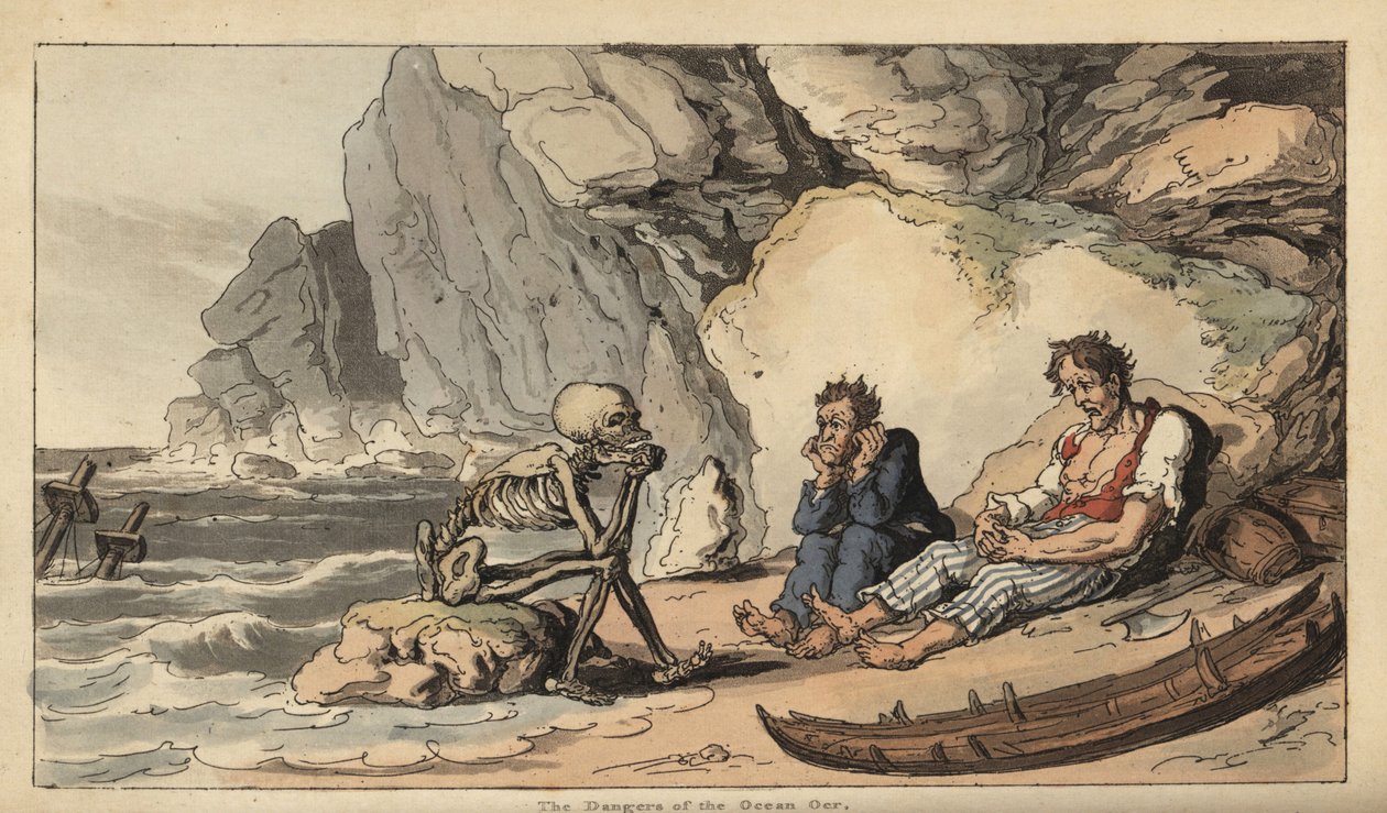 Skeletfiguren Døden sidder på en strand med to skibbrudne sømænd. Håndfarvet kobberplade tegnet og graveret af Thomas Rowlandson fra The English Dance of Death, Ackermann, London af Thomas Rowlandson
