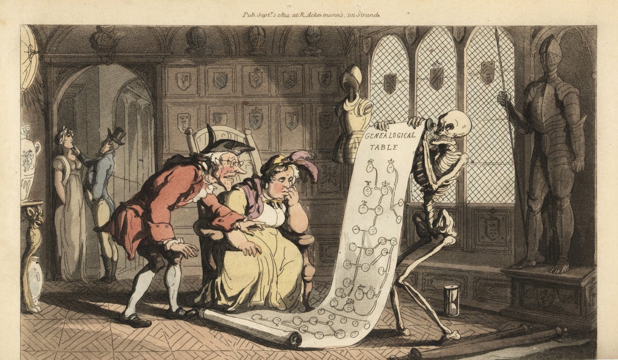Skeletdødet med hans timeglas viser en slægtstabel til to ældre aristokratiske genologer i et rum med heraldiske skjolde og rustningsdragter. Håndfarvet kobberplade tegnet og indgraveret af Thomas Rowlandson fra den engelske dans om død, af Thomas Rowlandson