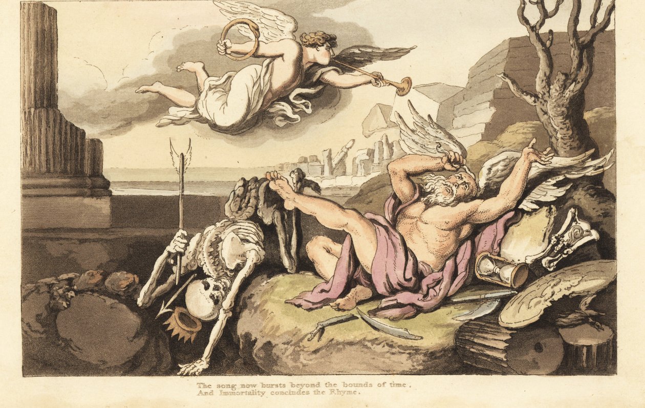 Skelettet af Død og Fader Tid breder sig under Evighedens engel. Håndfarvet kobberplade tegnet og graveret af Thomas Rowlandson fra The English Dance of Death, Ackermann, London af Thomas Rowlandson