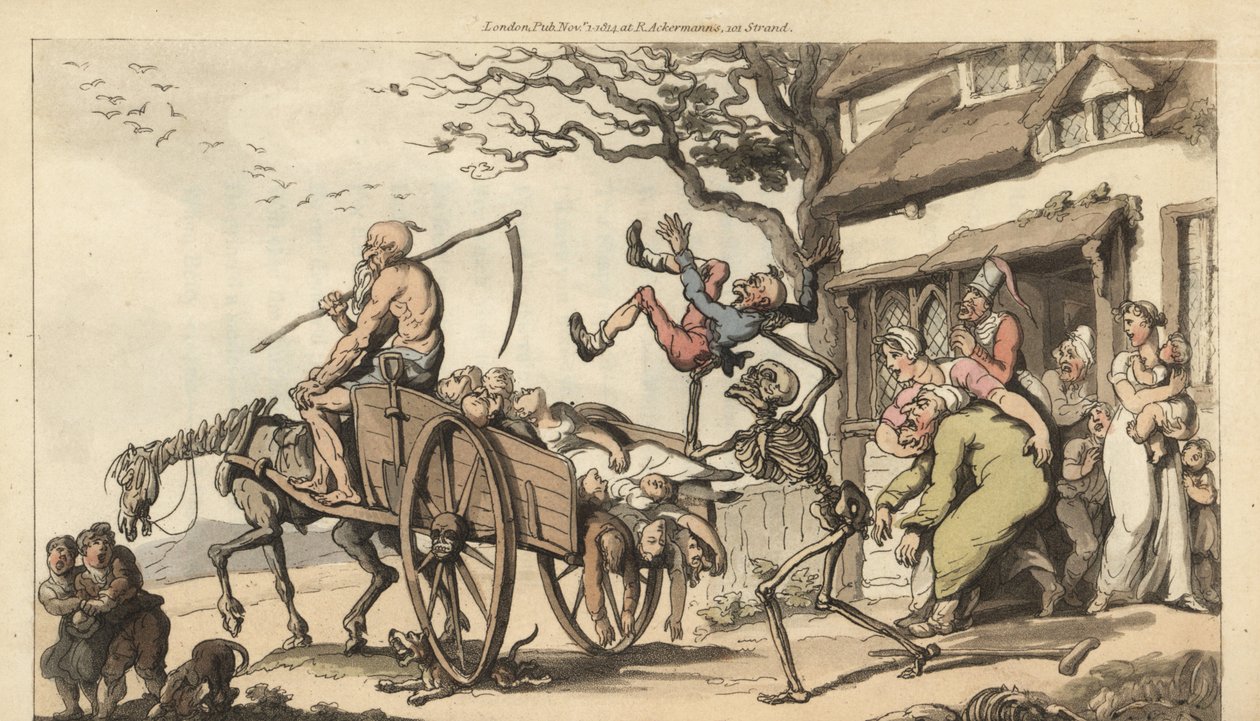 Skelettet af Døden og den gamle. Tiden kommer til at tage Goody Bartons gamle mand, men vognen er allerede for fuld af lig. Håndfarvet kobberplade tegnet og graveret af Thomas Rowlandson fra The English Dance of Death, Ackermann, London af Thomas Rowlandson