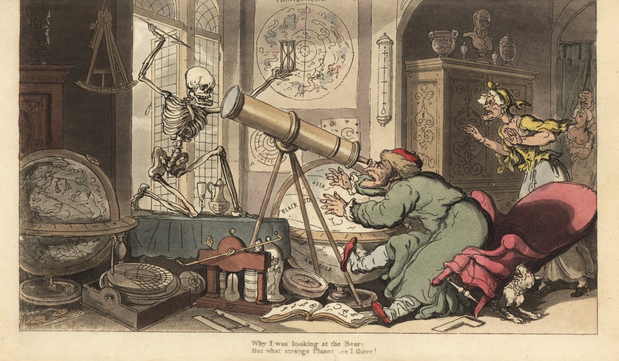 Dødens skelet dukker op foran den gamle astronoms teleskop og får ham til at falde ud af stolen. Håndfarvet kobberplade tegnet og graveret af Thomas Rowlandson fra The English Dance of Death, Ackermann, London af Thomas Rowlandson