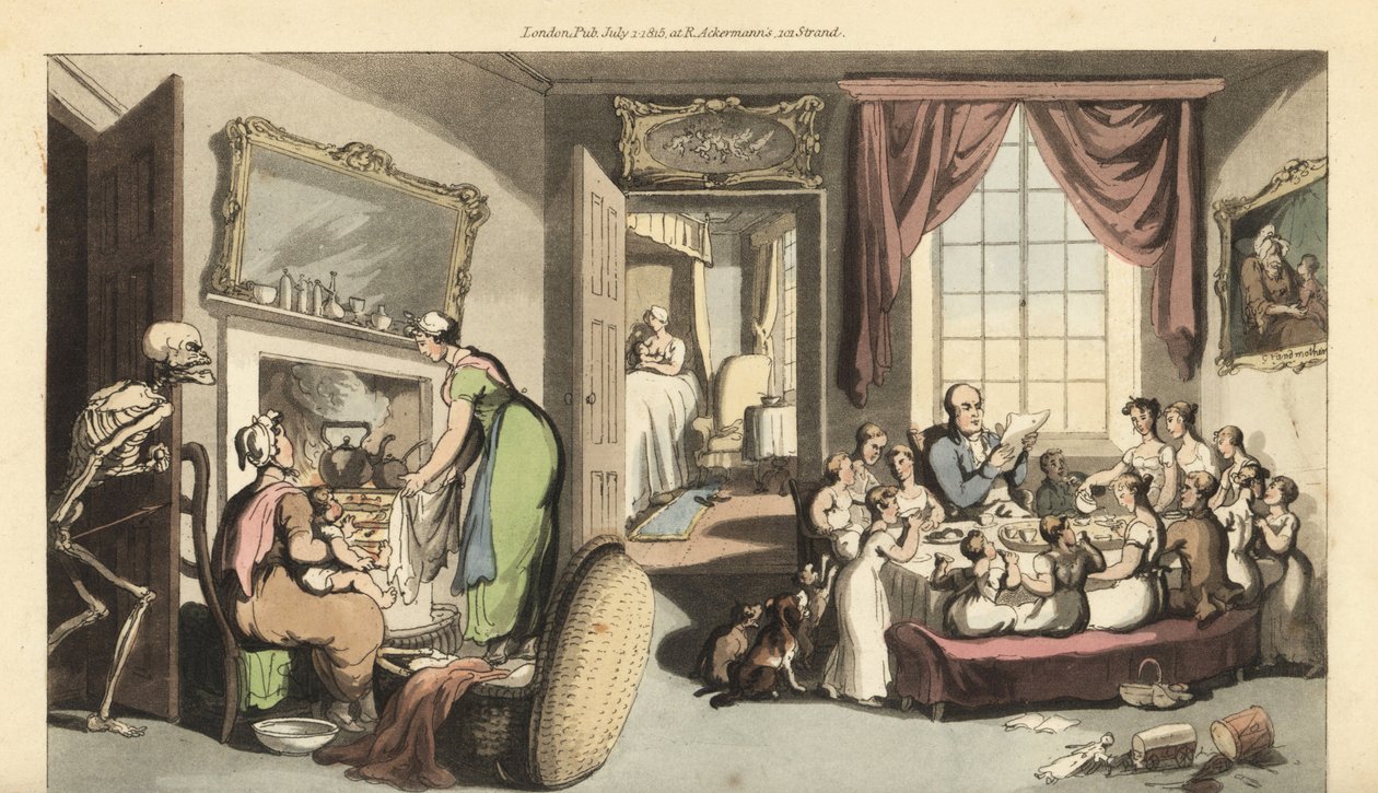 Dødens skelet dukker op i stuen i en stor familie for at tage et barn eller nyfødt baby. Håndfarvet kobberplade tegnet og graveret af Thomas Rowlandson fra The English Dance of Death, Ackermann, London af Thomas Rowlandson