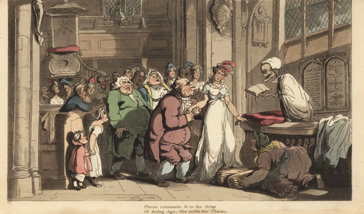 Dødens skelet som præst, der fejrer brylluppet mellem en ung kvinde og en grim gammel mand. Håndfarvet kobberplade tegnet og graveret af Thomas Rowlandson fra The English Dance of Death, Ackermann, London af Thomas Rowlandson