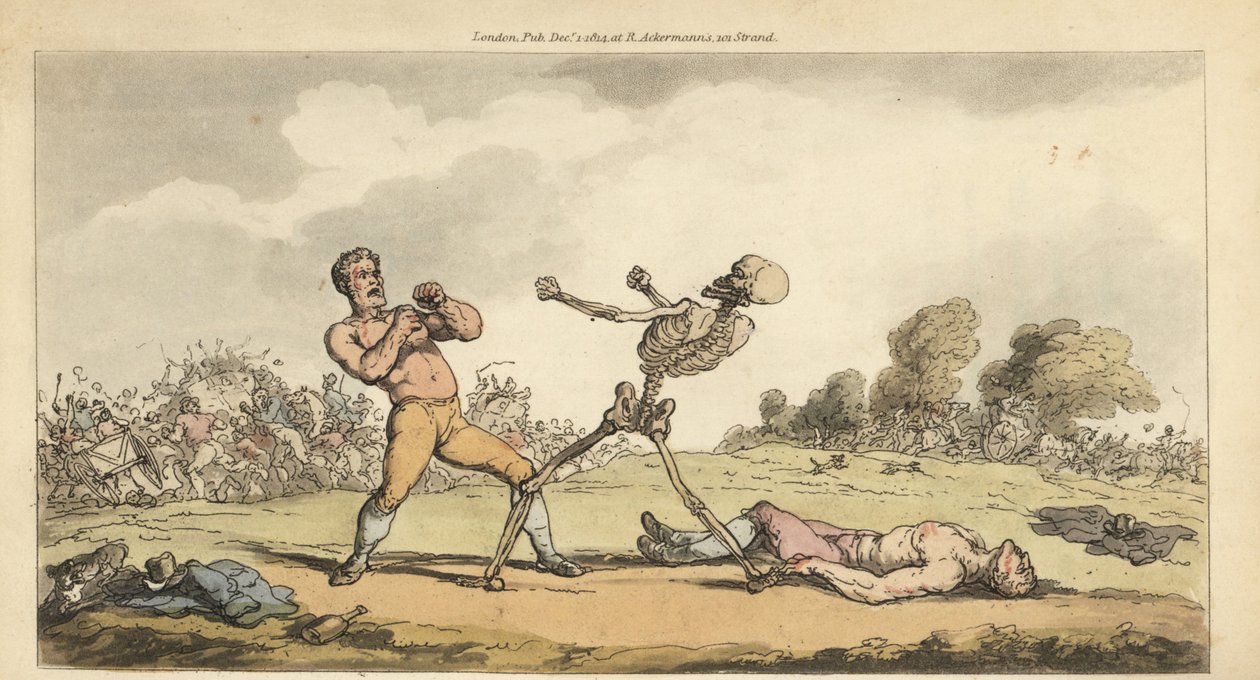 Skelettet af Døden bokser med en bareknuckle-præmiekæmper, mens en anden bokser ligger på jorden, og mængden flygter i rædsel. Håndfarvet kobberplade tegnet og graveret af Thomas Rowlandson fra The English Dance of Death, Ackermann, London af Thomas Rowlandson