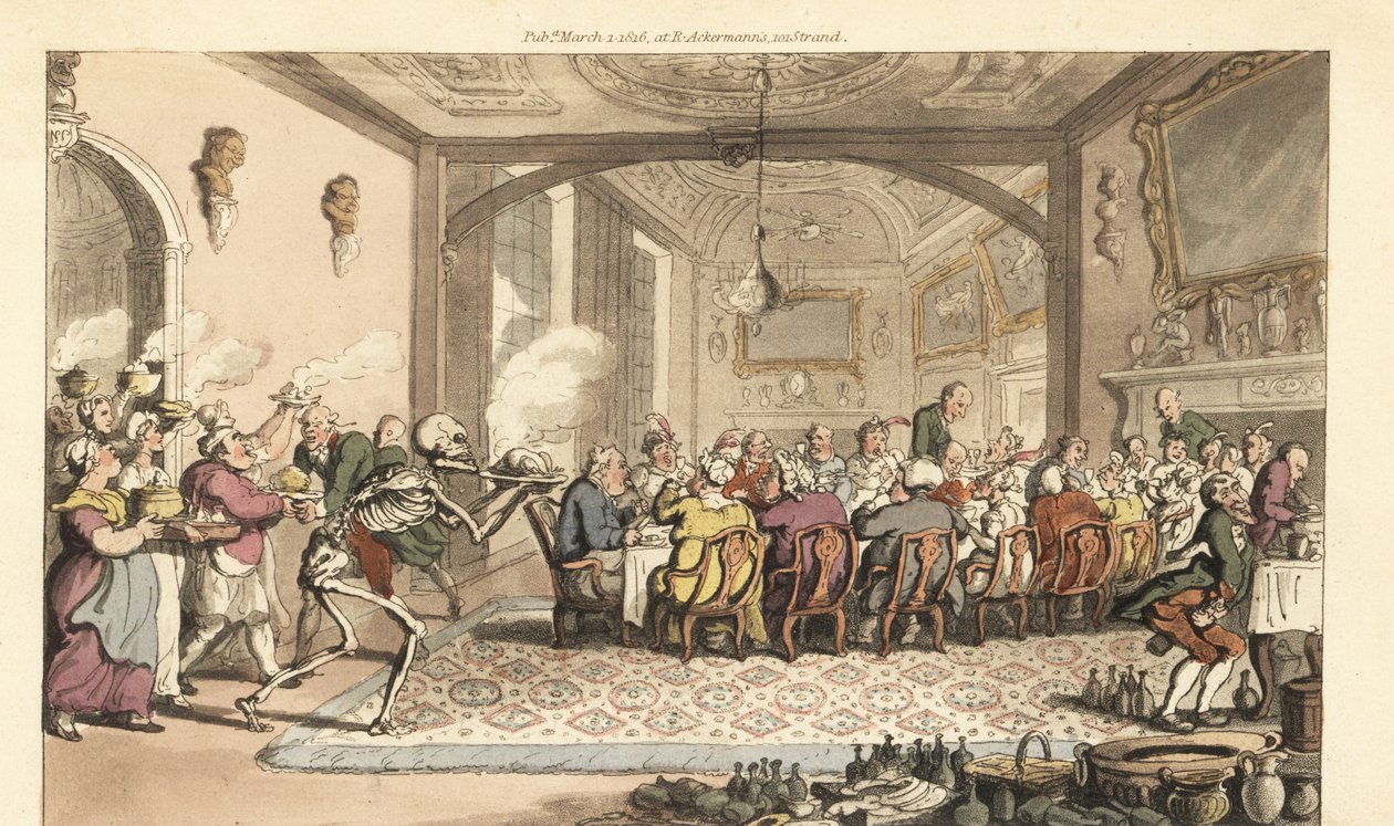 Dødens skelet bringer en fatal lækker ret til en frådsende fest i en storslået sal. Håndfarvet kobberplade tegnet og graveret af Thomas Rowlandson fra The English Dance of Death, Ackermann, London af Thomas Rowlandson