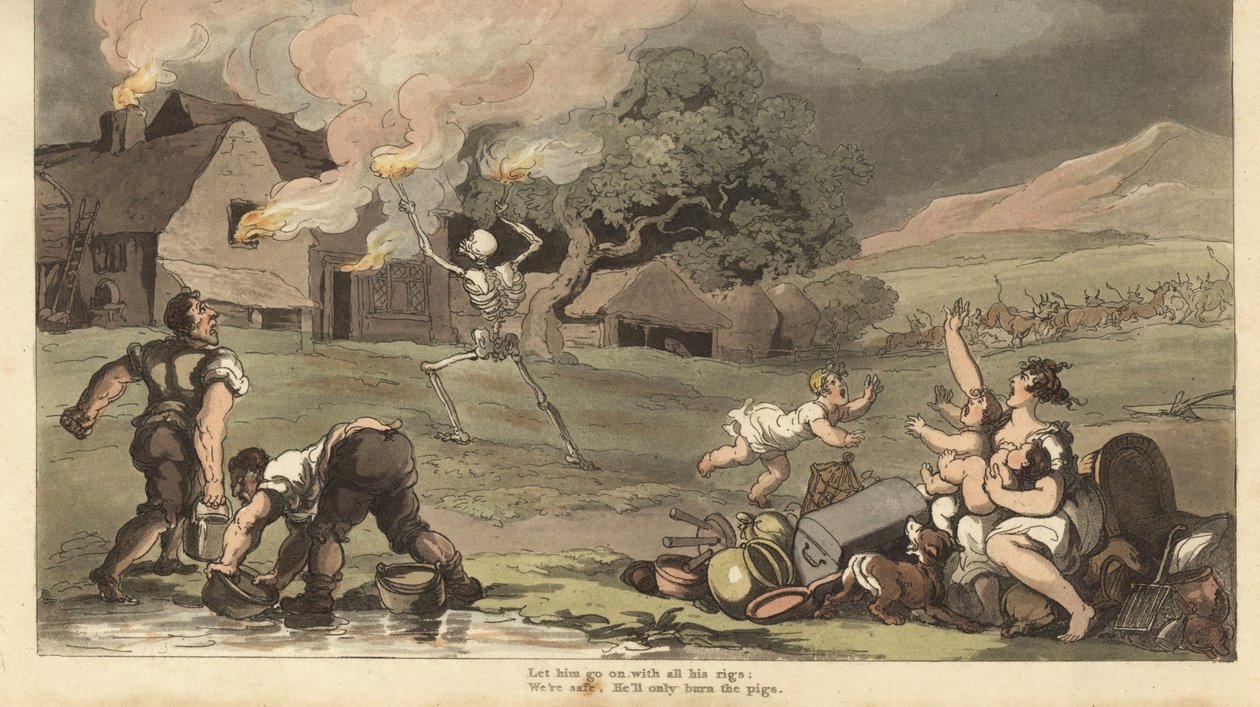 Dødens skelet brænder et hus ned med fakler, mens en familie forsøger at redde dets skatte og slukke ilden med spande med vand fra dammen. Håndfarvet kobberstik tegnet og indgraveret af Thomas Rowlandson fra The English Dance of Death, Ackerm af Thomas Rowlandson