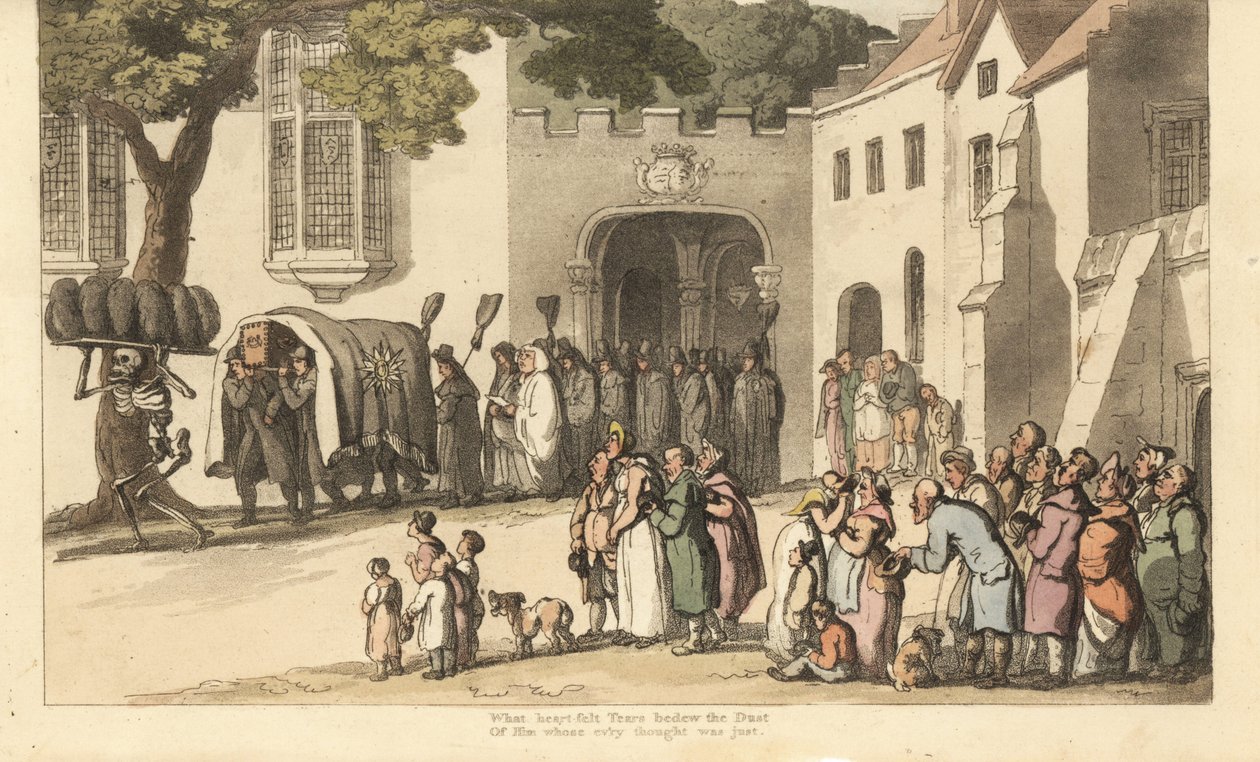 Dødens skelet bærer sorte begravelsesfaner foran Lord Rolands kortege. Den gode og den store. Håndfarvet kobberplade tegnet og graveret af Thomas Rowlandson fra The English Dance of Death, Ackermann, London af Thomas Rowlandson