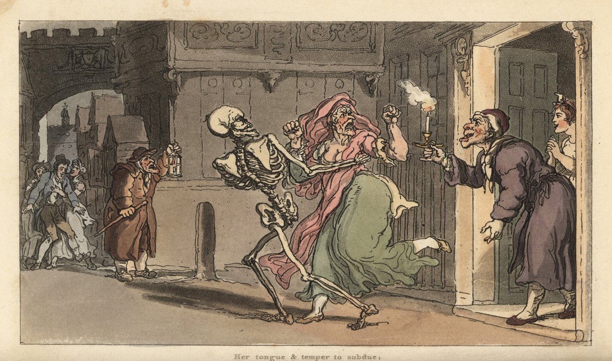 Dødens skelet bærer en Virago fra et hus, mens en nattevagt med lanterne ser på. Håndfarvet kobberplade tegnet og graveret af Thomas Rowlandson fra The English Dance of Death, Ackermann, London af Thomas Rowlandson