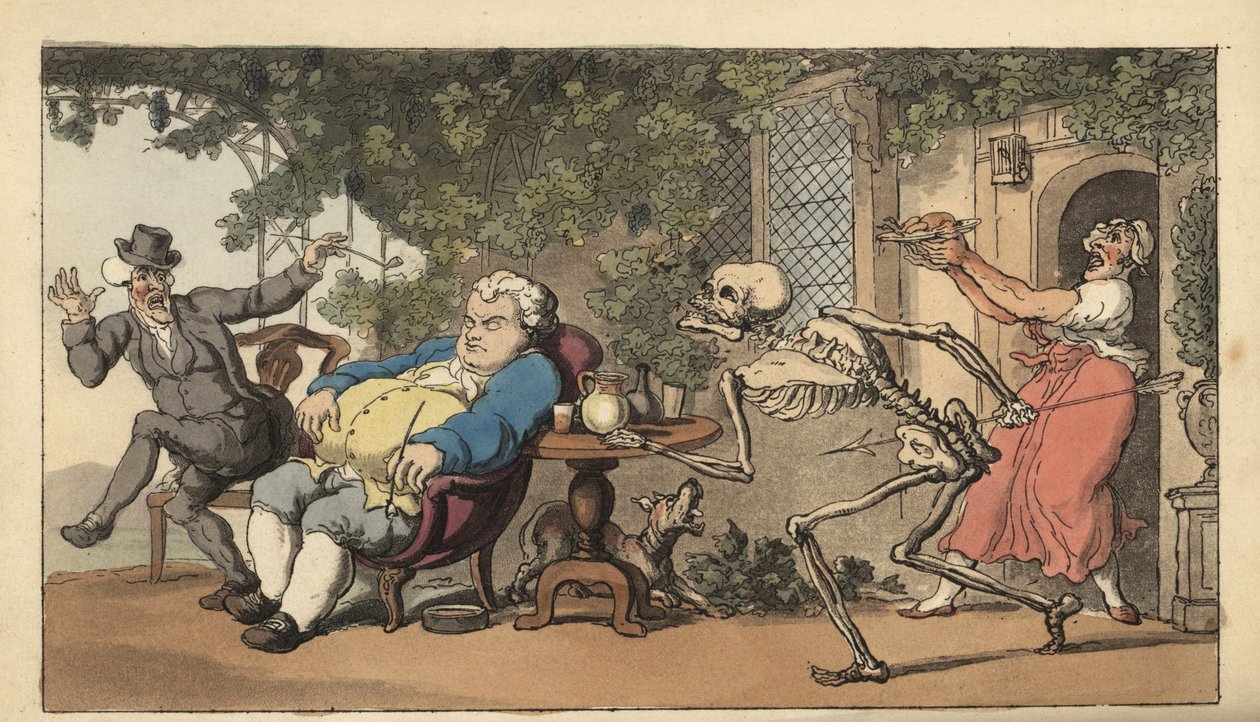 Dødens skelet kommer efter Tom Higgins, en murersvend, der er udløbet og venter på en ret uden for en kro. Håndfarvet kobberplade tegnet og graveret af Thomas Rowlandson fra The English Dance of Death, Ackermann, London af Thomas Rowlandson