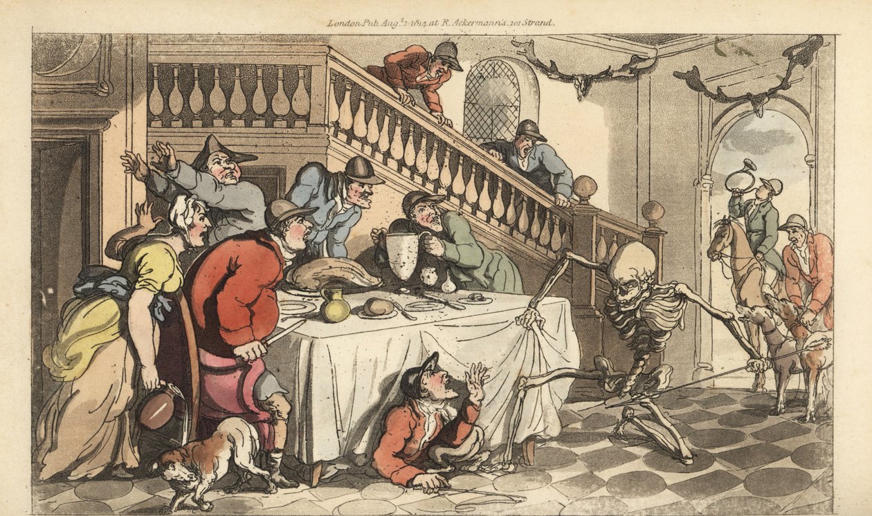 Dødens skelet kommer efter en jæger, da han gemmer sig under et bord efter en rævejagt. Håndfarvet kobberplade tegnet og graveret af Thomas Rowlandson fra The English Dance of Death, Ackermann, London af Thomas Rowlandson