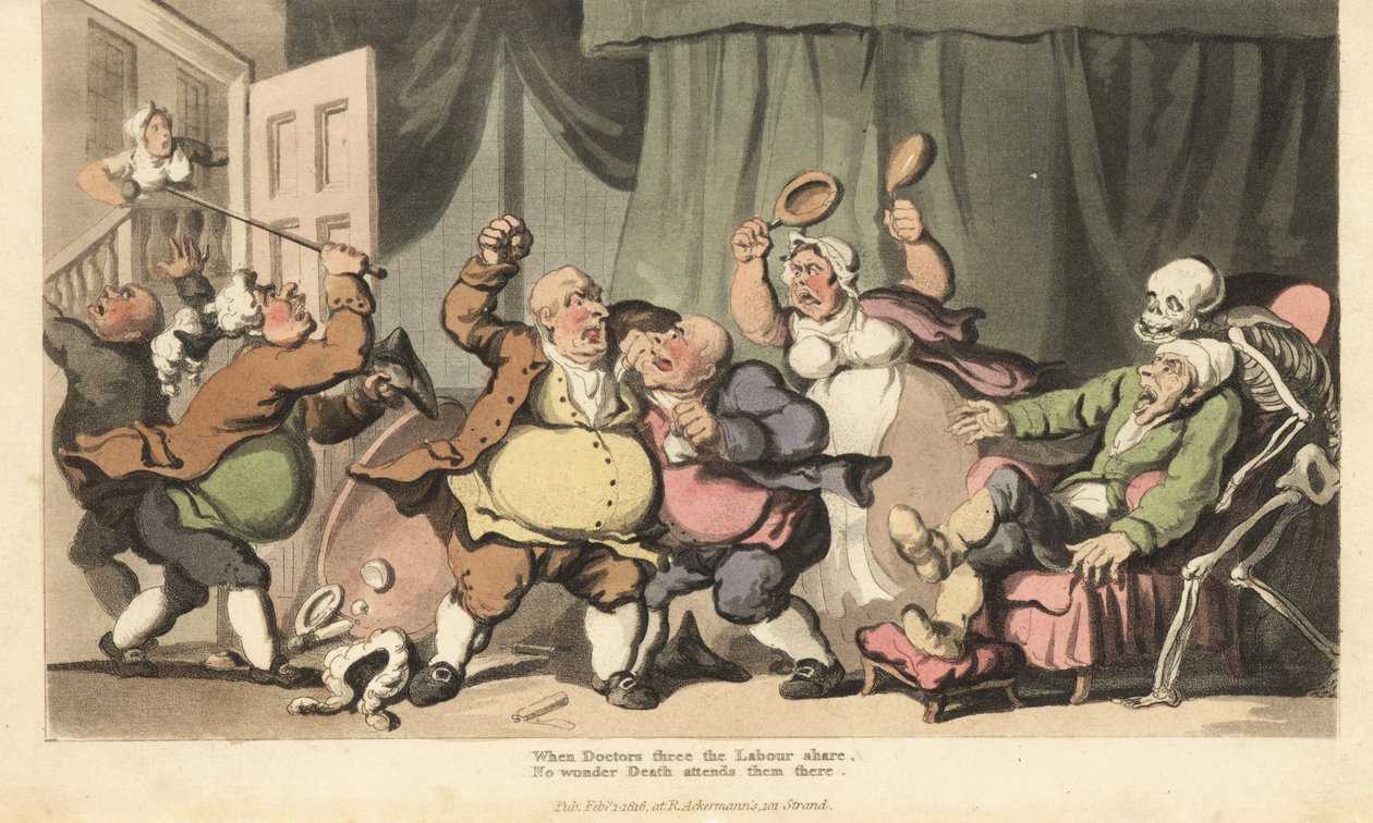 Dødens skelet kommer efter en syg mand, mens tre kvaksalvere slås, og en tjenestepige angriber dem med sengetøj i Kammerkrigen. Håndfarvet kobberplade tegnet og graveret af Thomas Rowlandson fra The English Dance of Death, Ackermann, London af Thomas Rowlandson