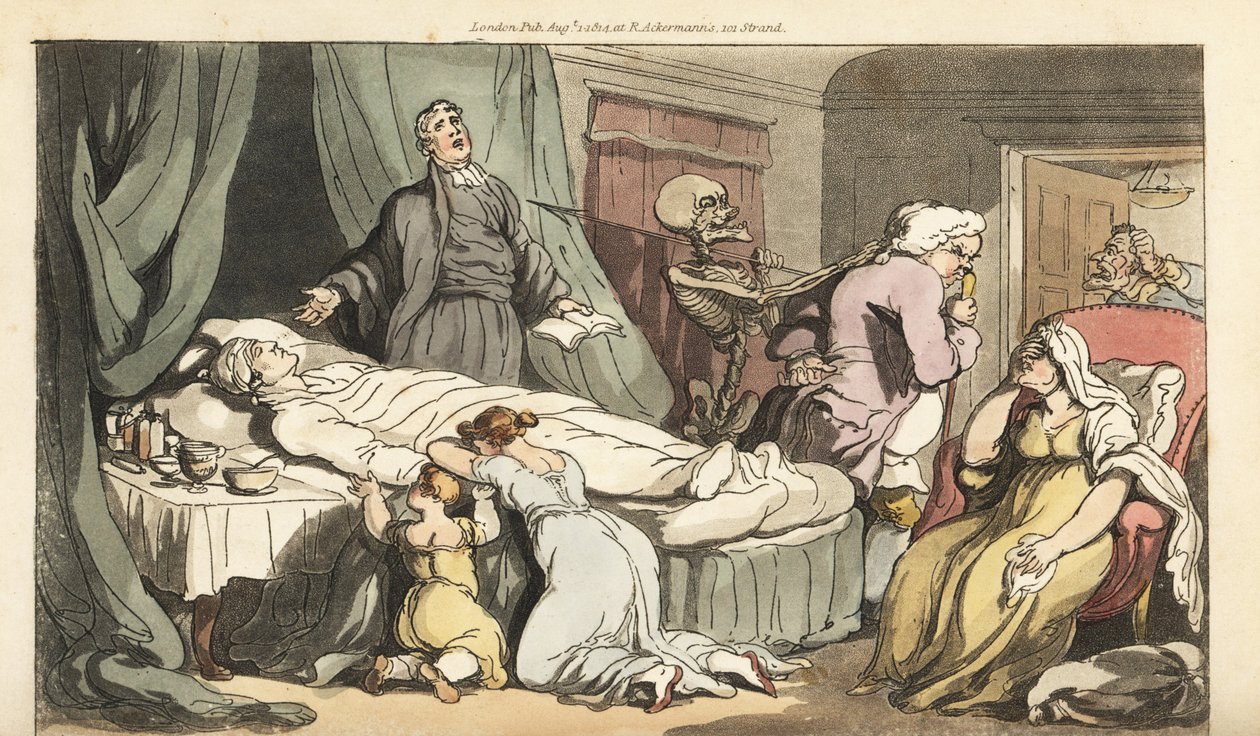 Dødens skelet kommer til lægen, da præsten beder over den døde krop af en god mand, der sørges af hans kone og barn. Håndfarvet kobberplade tegnet og graveret af Thomas Rowlandson fra The English Dance of Death, Ackermann, London af Thomas Rowlandson
