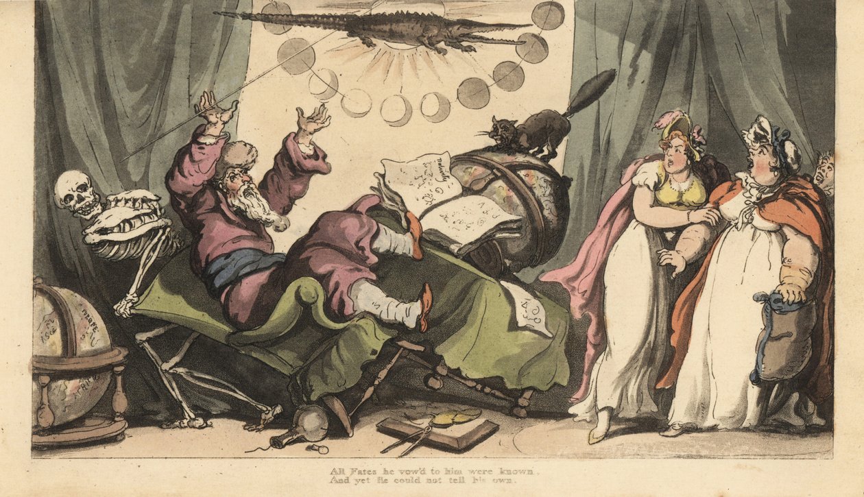 Dødens skelet kommer til spåkonen i hans værelse dekoreret med planetkloder, astrologibøger og krokodille. To dameklienter ser forskrækket til. Håndfarvet kobberplade tegnet og graveret af Thomas Rowlandson fra The English Dance of Dea af Thomas Rowlandson