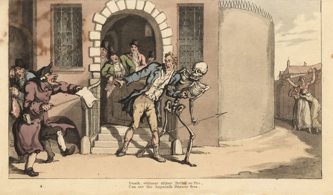Dødens skelet befrier en fange fra skyldnerens fængsel foran hans fortvivlede familie. Håndfarvet kobberplade tegnet og graveret af Thomas Rowlandson fra The English Dance of Death, Ackermann, London af Thomas Rowlandson