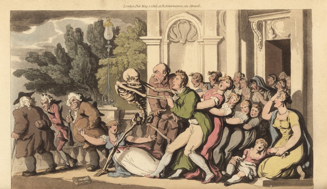 Dødens skelet griber en far i kraven, da hans kone og børn desperat forsøger at redde ham. Håndfarvet kobberplade tegnet og graveret af Thomas Rowlandson fra The English Dance of Death, Ackermann, London af Thomas Rowlandson