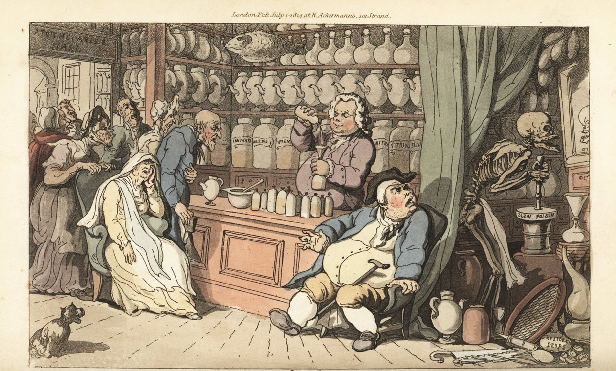Dødens skelet maler langsomt gift i Kvaksalverens butik, mens kvaksalveren hælder et fatalt middel i en flaske. Håndfarvet kobberplade tegnet og graveret af Thomas Rowlandson fra The English Dance of Death, Ackermann, London af Thomas Rowlandson