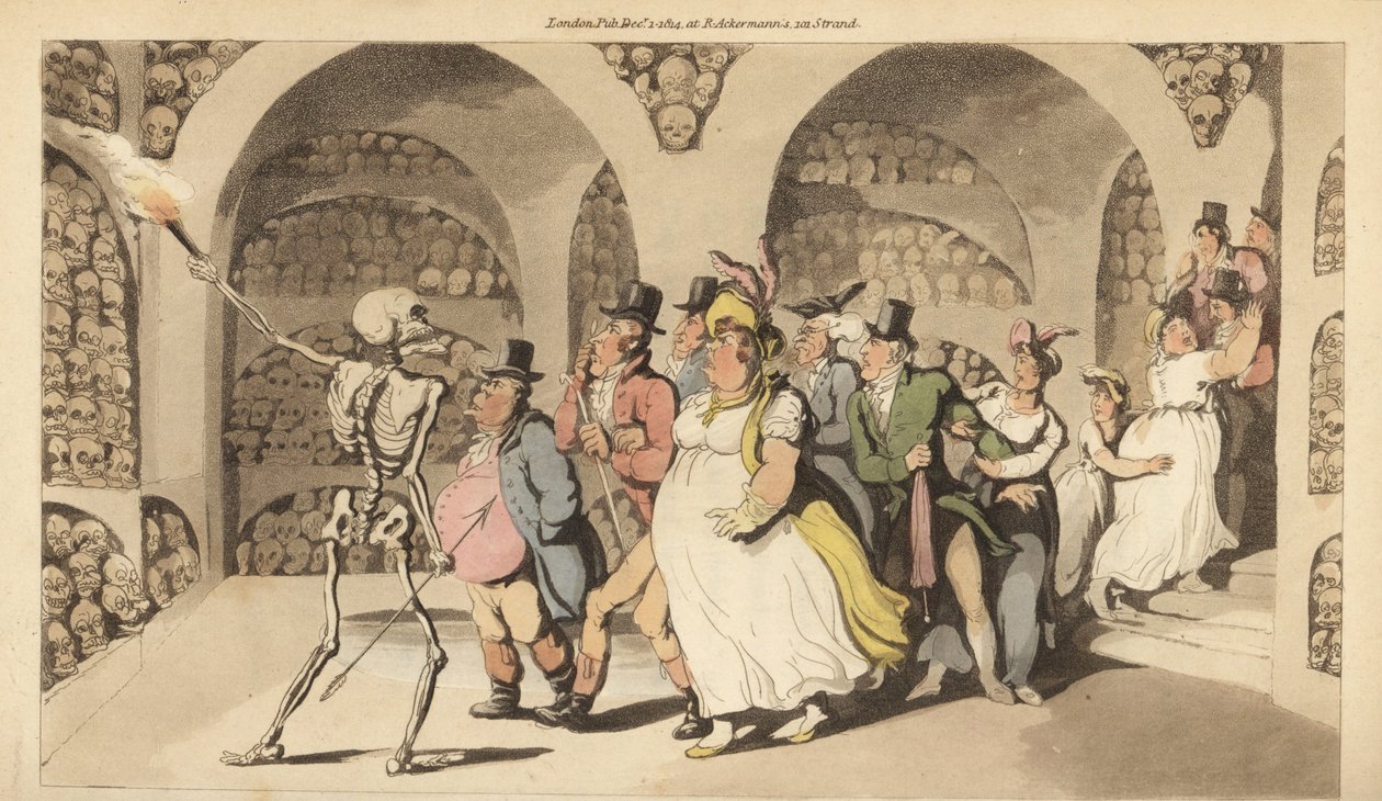 Dødens skelet leder en gruppe turister gennem katakomberne i Paris. Håndfarvet kobberplade tegnet og graveret af Thomas Rowlandson fra The English Dance of Death, Ackermann, London af Thomas Rowlandson