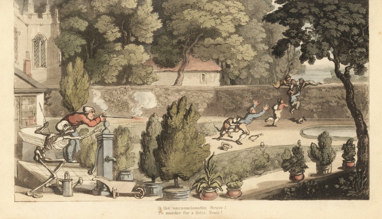 Dødens skelet hjælper en godsejer med at sigte med en musket på drenge, der krybskytter i hans have og forsøger at flygte over en mur. Håndfarvet kobberplade tegnet og graveret af Thomas Rowlandson fra The English Dance of Death, Ackermann, London af Thomas Rowlandson