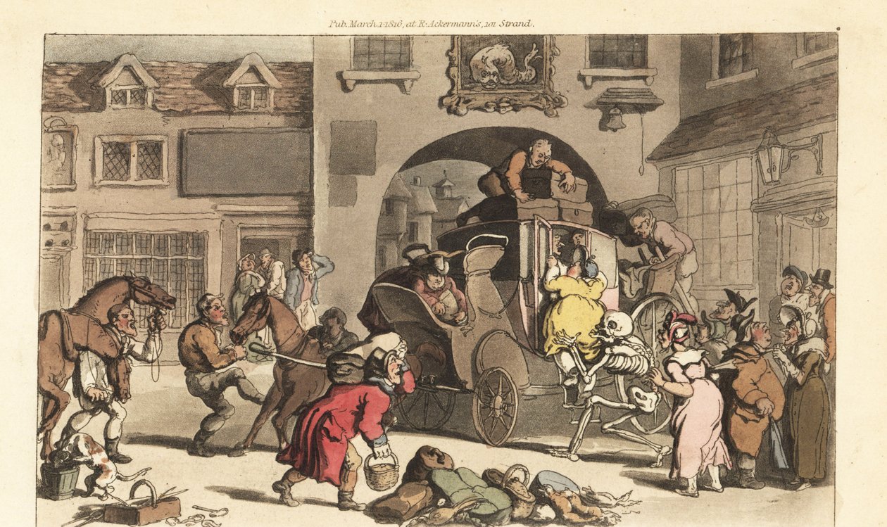 Dødens skelet hjælper en stor matrone ind på den fatale sidste fase. Håndfarvet kobberplade tegnet og graveret af Thomas Rowlandson fra The English Dance of Death, Ackermann, London af Thomas Rowlandson