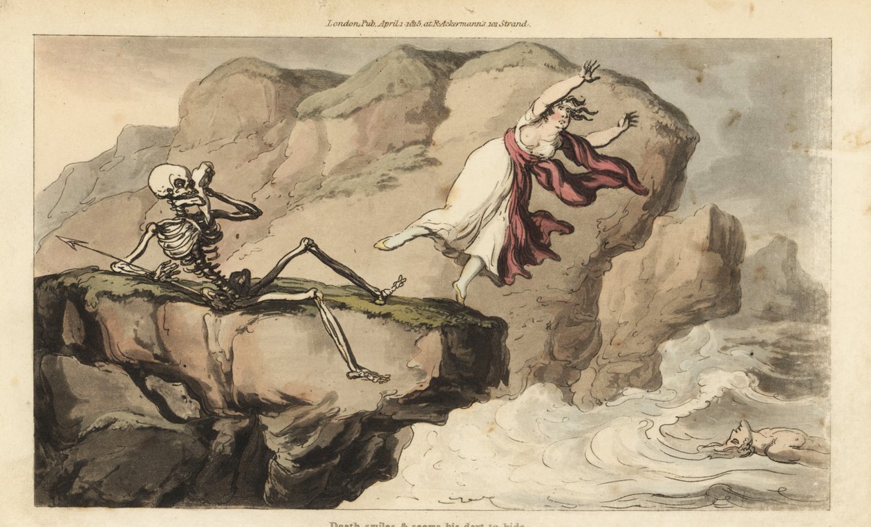 Dødens skelet holder et lommetørklæde til sin øjenhule, da en kvinde begår selvmord ud for en klippe for at slutte sig til sin druknede elsker. Håndfarvet kobberplade tegnet og graveret af Thomas Rowlandson fra The English Dance of Death, Ackermann, London af Thomas Rowlandson