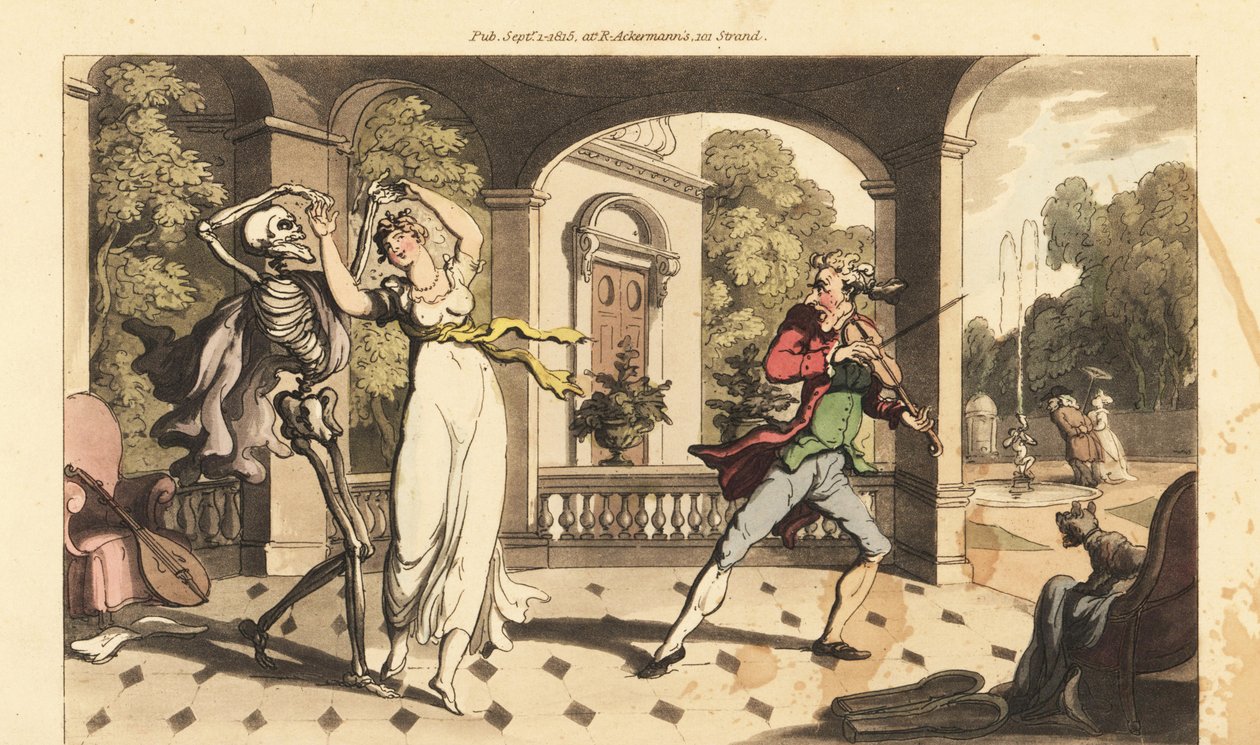 Dødens skelet i en kappe danser en sidste vals med skrøbelige Caelia, mens hendes danselærer ser forfærdet ud. Håndfarvet kobberplade tegnet og graveret af Thomas Rowlandson fra The English Dance of Death, Ackermann, London af Thomas Rowlandson