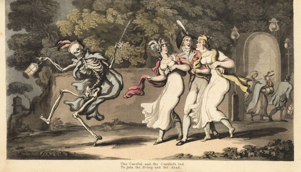 Dødens skelet i kappe og kasket danser med en lanterne foran en dandy i uniform og to skønheder i muslinkjoler og sjaler. Den skødesløse og forsigtige. Håndfarvet kobberstik tegnet og indgraveret af Thomas Rowlandson fra Den engelske dødedans af Thomas Rowlandson