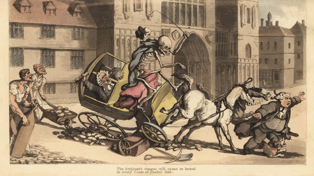 Skelettet af Døden i kappe og kasket driver en to-hestes vogn, da den styrter ind i vejarbejde og dræber hans passager, en retsbetjent. Håndfarvet kobberplade tegnet og graveret af Thomas Rowlandson fra The English Dance of Death, Ackermann, London af Thomas Rowlandson