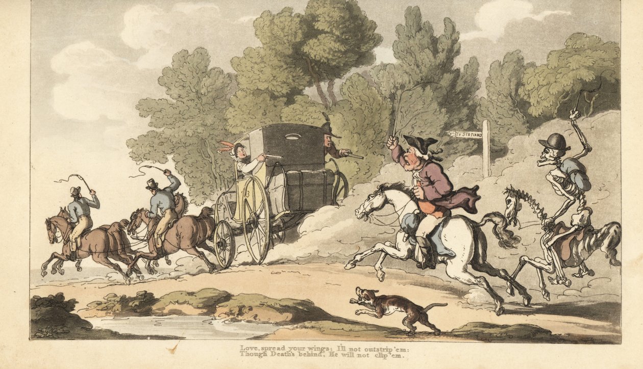 Dødens skelet slutter sig til en rasende far, da han forsøger at forhindre sin eneste datter i at stikke af med en soldat i en diligence til Gretna Green. Håndfarvet kobberplade tegnet og graveret af Thomas Rowlandson fra The English Dance of Death, Ackerm af Thomas Rowlandson