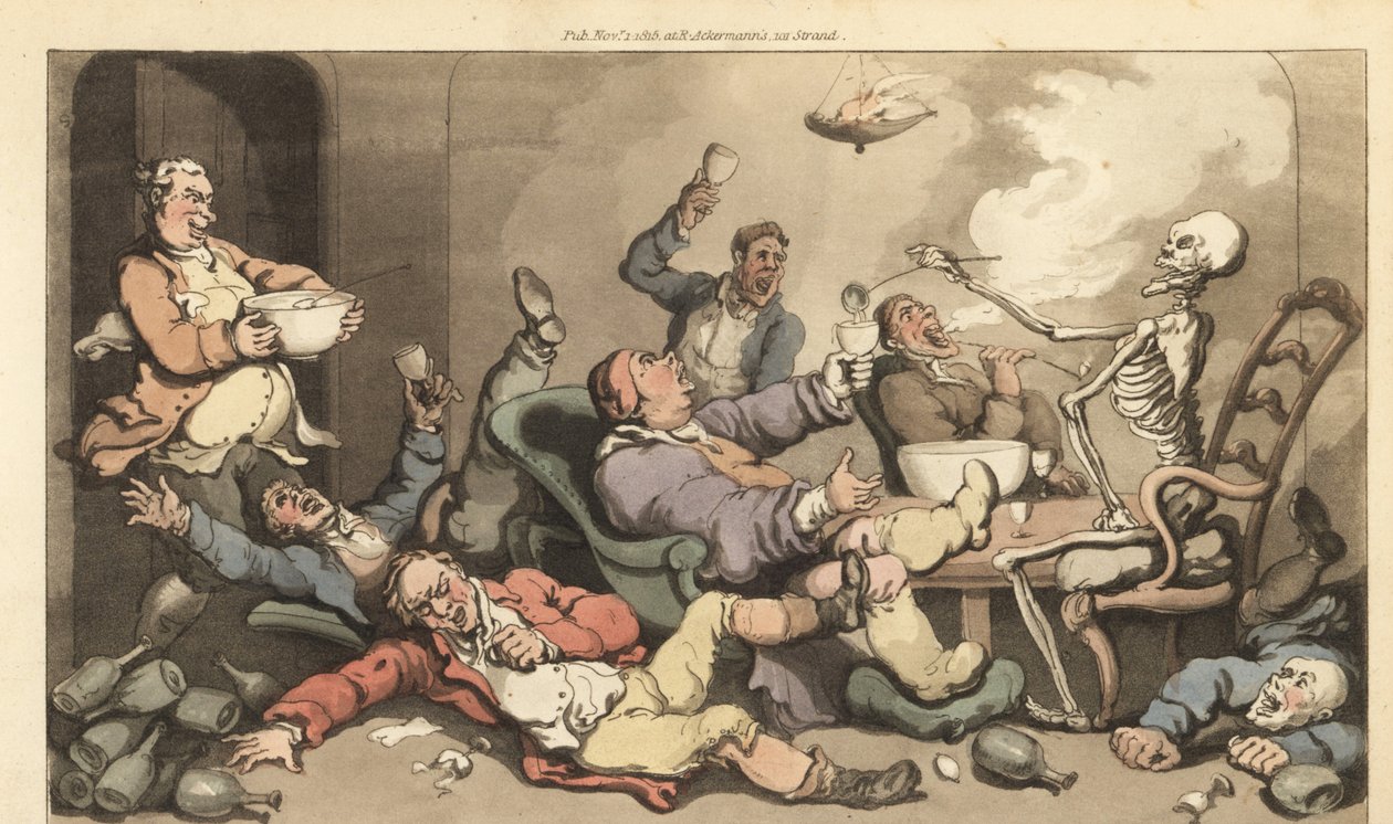 Skelettet af Dødens øser slår ind i et glas af en Toastmaster med gigt til en hæsblæsende georgisk drinkfest. Håndfarvet kobberplade tegnet og graveret af Thomas Rowlandson fra The English Dance of Death, Ackermann, London af Thomas Rowlandson