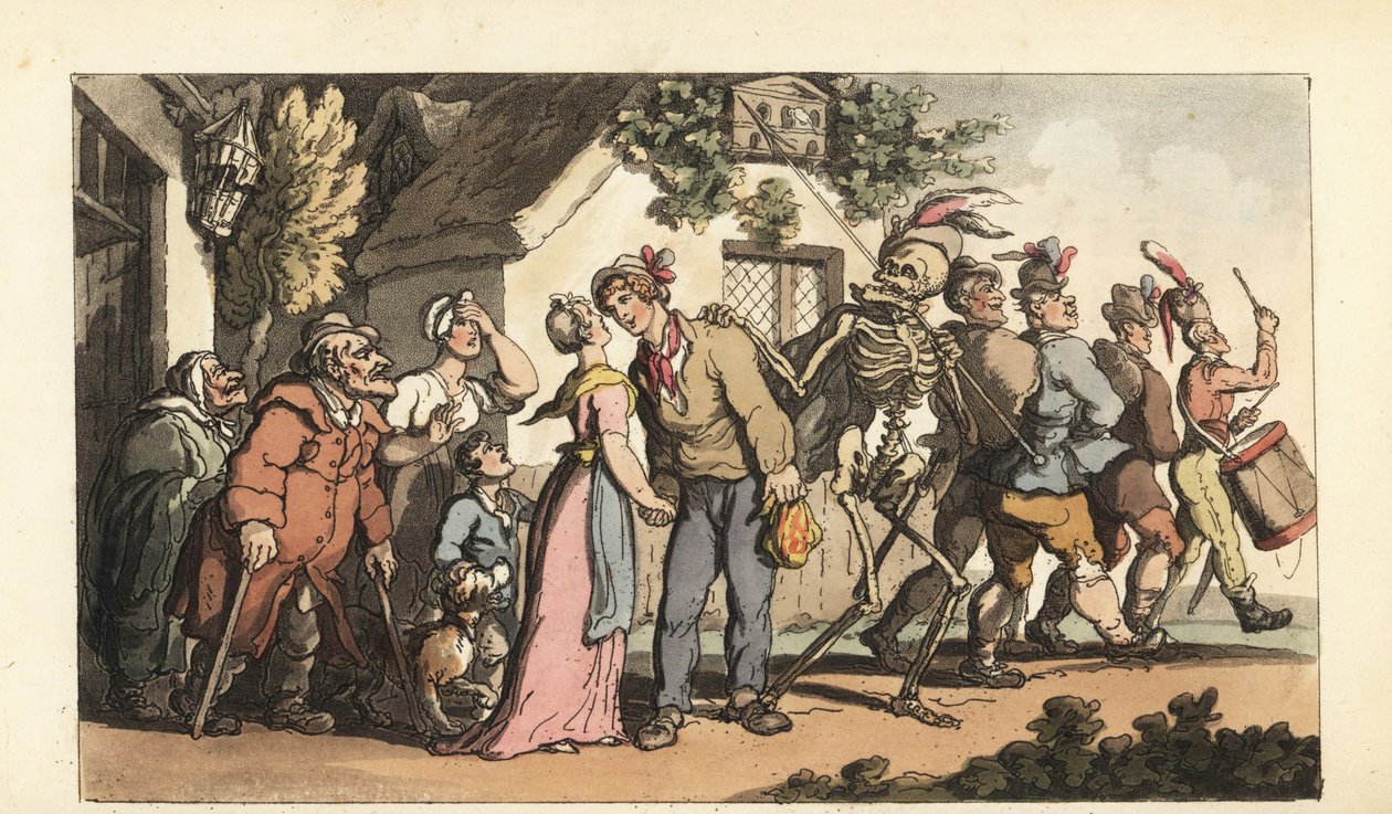 Dødens skelet får en ung rekrut til at slutte sig til hæren og efterlade sin pige og familie. Håndfarvet kobberplade tegnet og graveret af Thomas Rowlandson fra The English Dance of Death, Ackermann, London af Thomas Rowlandson