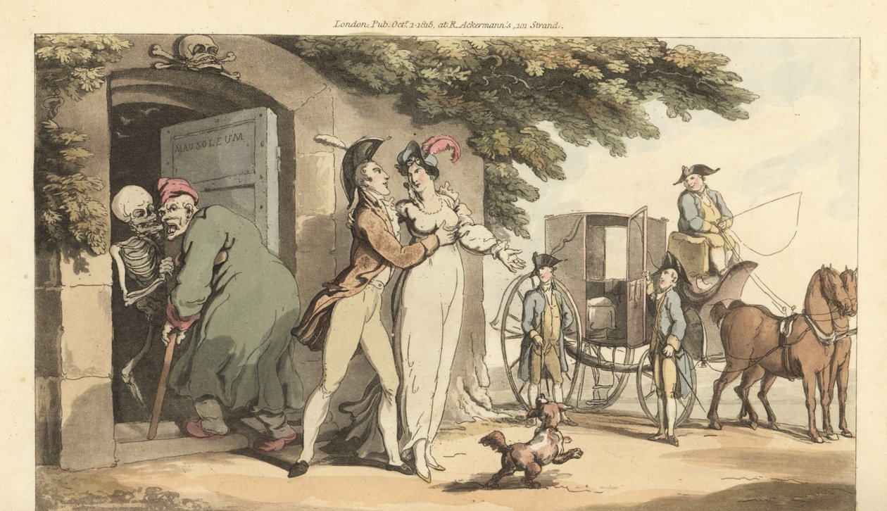 Dødens skelet fører en gammel mand ind i et mausoleum og efterlader hans unge enke fri til at gifte sig igen. Håndfarvet kobberplade tegnet og graveret af Thomas Rowlandson fra The English Dance of Death, Ackermann, London af Thomas Rowlandson
