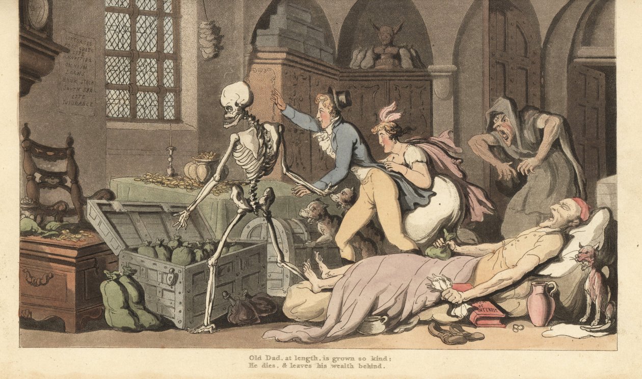 Dødens skelet fører grådige børn til guldstammen af en gnier, der ligger død på en seng og knuger et testamente og en pose penge. Håndfarvet kobberplade tegnet og graveret af Thomas Rowlandson fra The English Dance of Death, Ackermann, London af Thomas Rowlandson