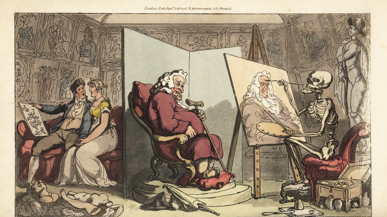 Dødens skelet maler et portræt af en rådmand, mens hans unge tjenestepige flirter med en galant kunstner bag skærmen. Håndfarvet kobberplade tegnet og graveret af Thomas Rowlandson fra The English Dance of Death, Ackermann, London af Thomas Rowlandson