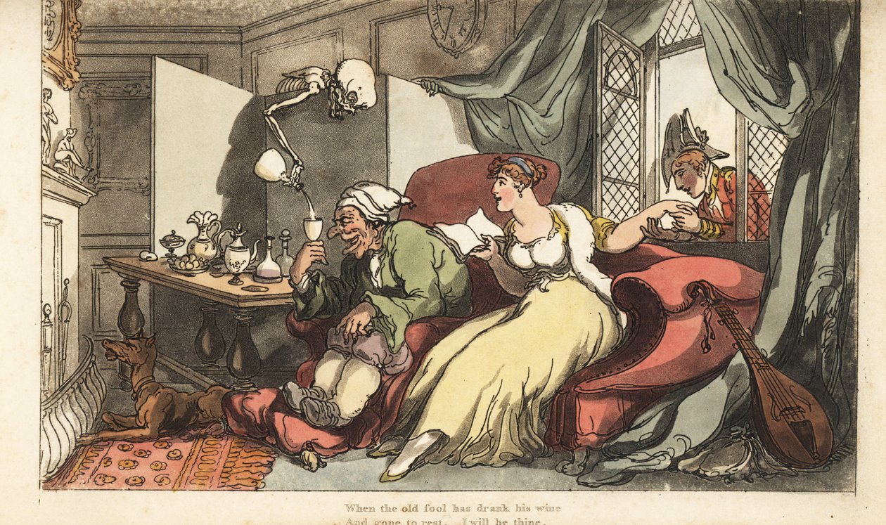 Dødens skelet skænker et fatalt glas vin til den gamle fjols Sir Peter på hans bryllupsrejse, mens hans unge kone Julia flirter med major Henry ved vinduet. Håndfarvet kobberplade tegnet og graveret af Thomas Rowlandson fra The English Dance of Death, A af Thomas Rowlandson