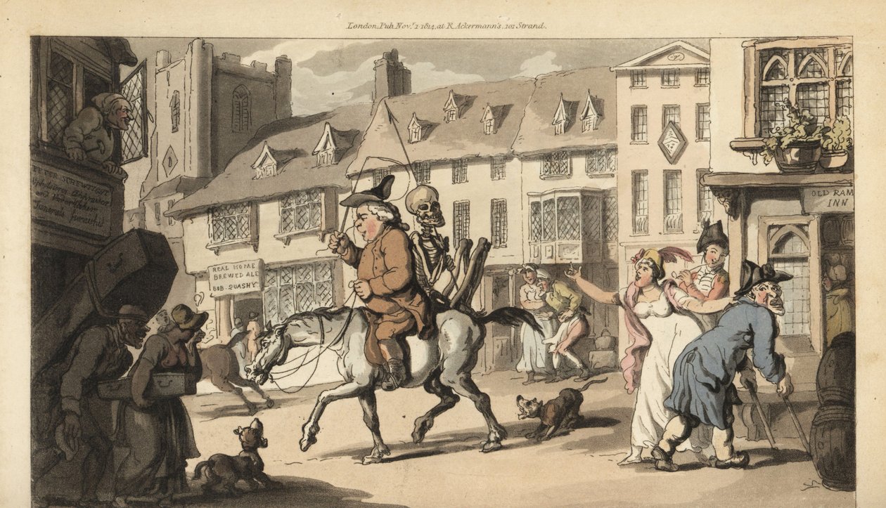 Dødens skelet rider på en hest med en kvaksalverdoktor, mens kun landsbyens bedemand beklager hans død. Håndfarvet kobberplade tegnet og graveret af Thomas Rowlandson fra The English Dance of Death, Ackermann, London af Thomas Rowlandson