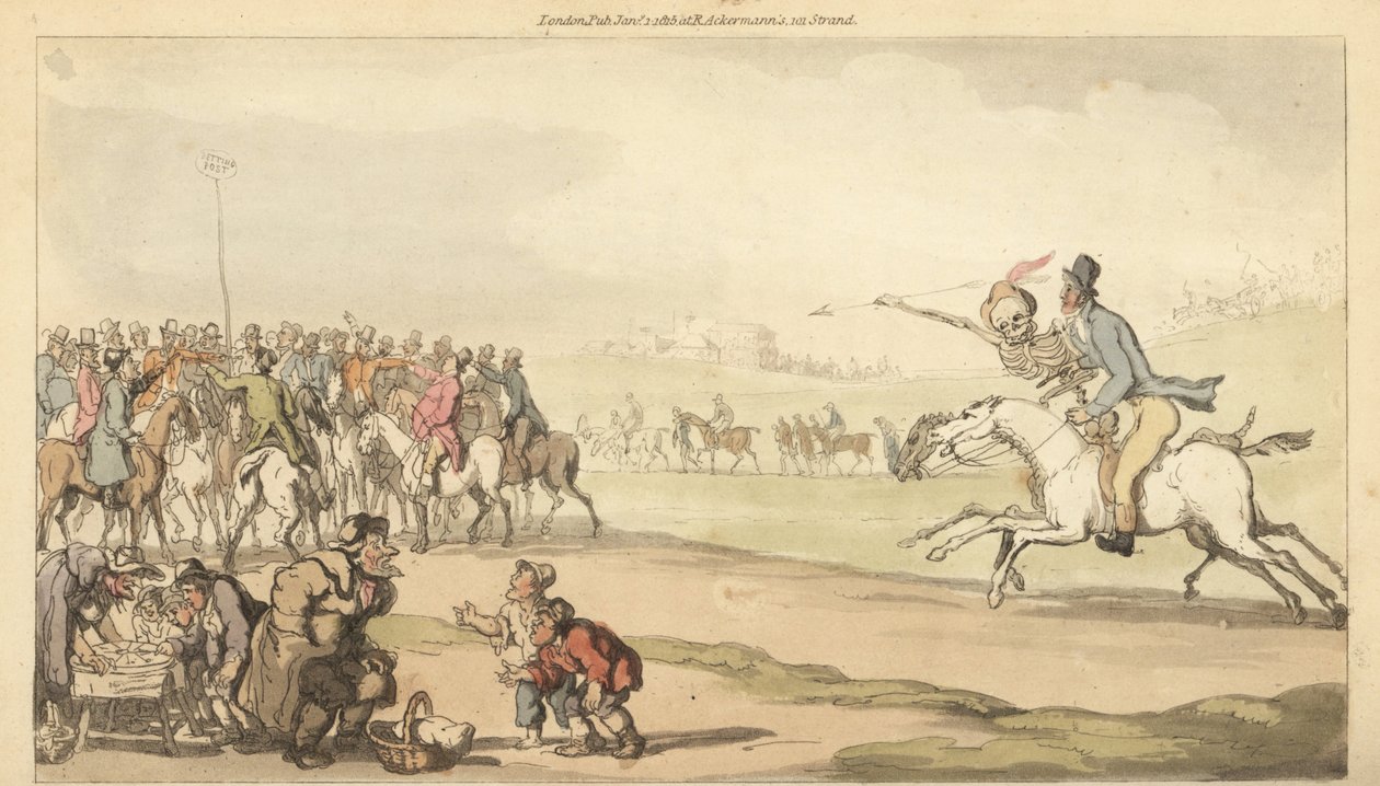 Dødens skelet kører sammen med en mand mod spillestedet på en racerbane, mens børn spiller et spil lotto. Håndfarvet kobberplade tegnet og graveret af Thomas Rowlandson fra The English Dance of Death, Ackermann, London af Thomas Rowlandson