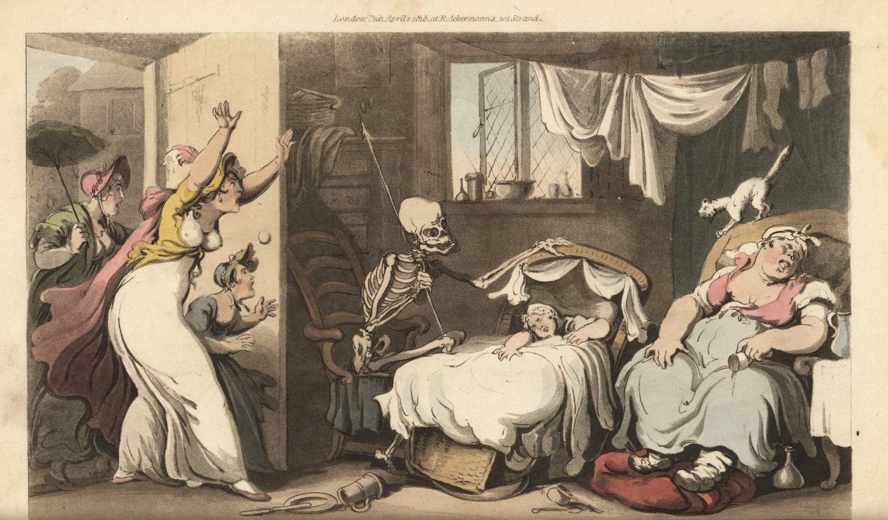Dødens skelet vugger en babys vugge, mens barnepige sover, og den fortvivlede mor kommer hjem. Håndfarvet kobberplade tegnet og graveret af Thomas Rowlandson fra The English Dance of Death, Ackermann, London af Thomas Rowlandson