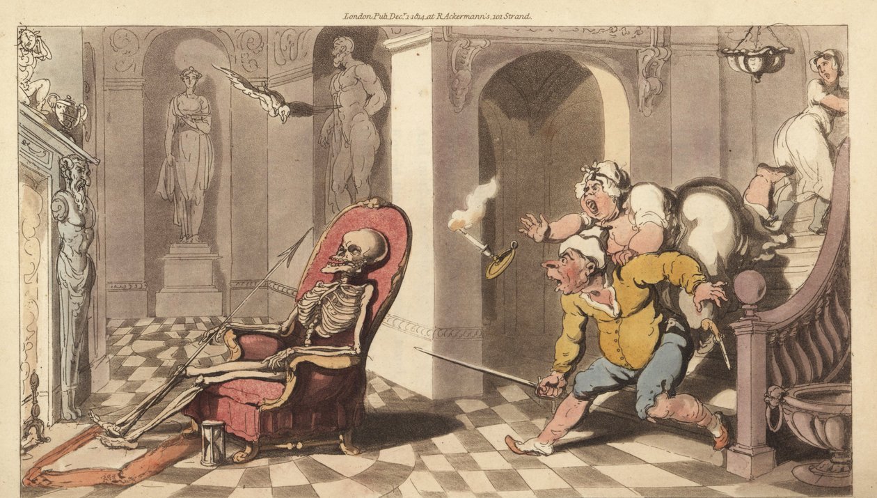 Dødens skelet sidder i portnerstolen i et stort hus, mens de rædselsslagne tjenere kommer ned af trapperne for at undersøge sagen. Håndfarvet kobberplade tegnet og graveret af Thomas Rowlandson fra The English Dance of Death, Ackermann, London af Thomas Rowlandson