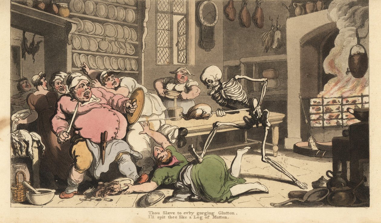 Dødens skelet stikker en fed kok ihjel med et spyd, der holder en stegt kylling. Håndfarvet kobberplade tegnet og graveret af Thomas Rowlandson fra The English Dance of Death, Ackermann, London af Thomas Rowlandson