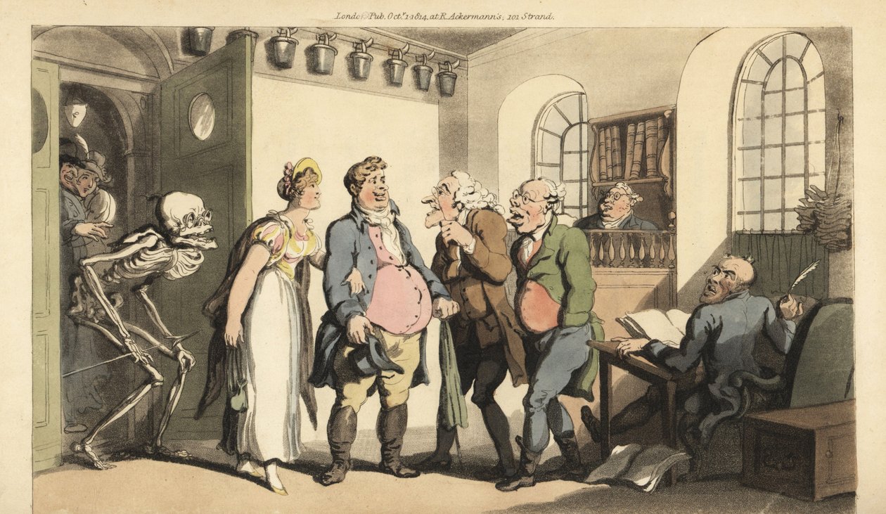 Dødens skelet overrasker Ned Freeman, da han besøger forsikringskontoret, og efterlader sin enke med en enorm sum. Håndfarvet kobberplade tegnet og graveret af Thomas Rowlandson fra The English Dance of Death, Ackermann, London af Thomas Rowlandson