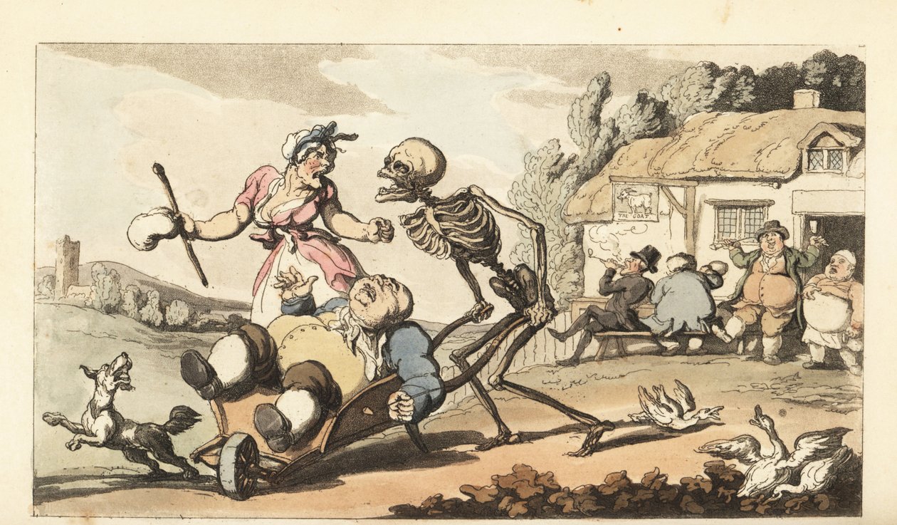 Dødens skelet fjerner den berusede Sot i en trillebør, mens andre drukkenbolte hygger sig foran The Goat pub. Håndfarvet kobberplade tegnet og graveret af Thomas Rowlandson fra The English Dance of Death, Ackermann, London af Thomas Rowlandson