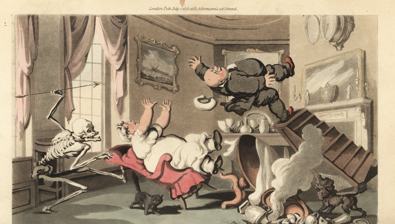 Dødens skelet kaster sin pil mod en mand, mens han vælter fra en trappe, mens han vikler et ur over kappen. Han falder tilbage på sin kone i en stol. Håndfarvet kobberplade tegnet og graveret af Thomas Rowlandson fra The English Dance af Thomas Rowlandson