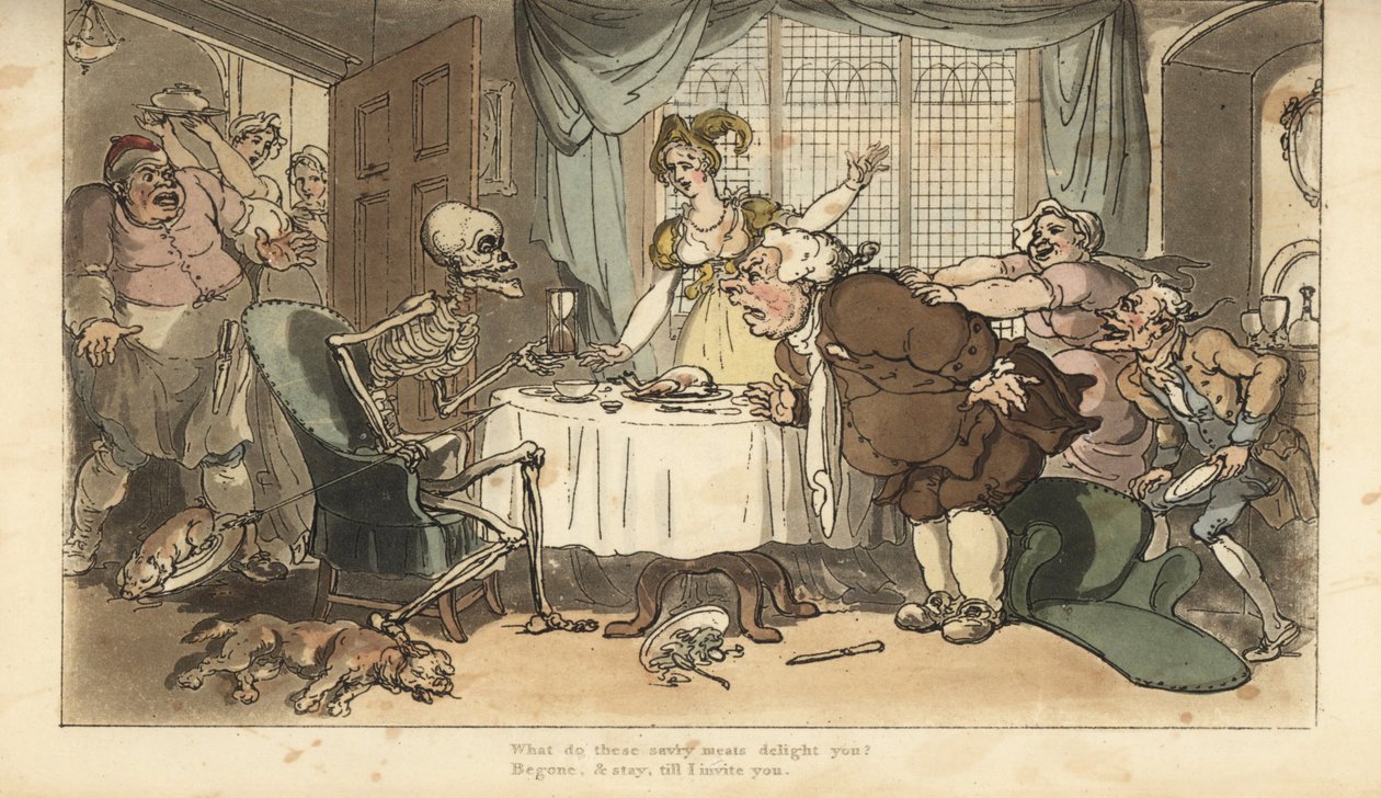 Dødens skelet med pil og timeglas kommer til frådseren, mens han fester ved middagen. Håndfarvet kobberplade tegnet og graveret af Thomas Rowlandson fra The English Dance of Death, Ackermann, London af Thomas Rowlandson