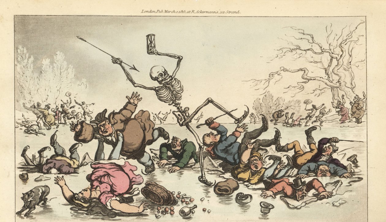 Dødens skelet med dart- og timeglasskøjteløb på en frossen dam, mens andre skatere falder gennem den knuste is. Håndfarvet kobberplade tegnet og graveret af Thomas Rowlandson fra The English Dance of Death, Ackermann, London af Thomas Rowlandson